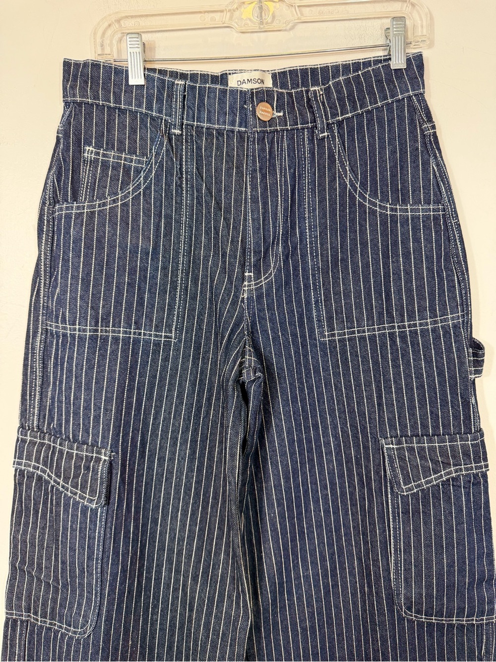 Damson Madder Pinstripe Carpenter Cargo Jeans Wide Leg Blue Size 10 - Picture 4 of 11